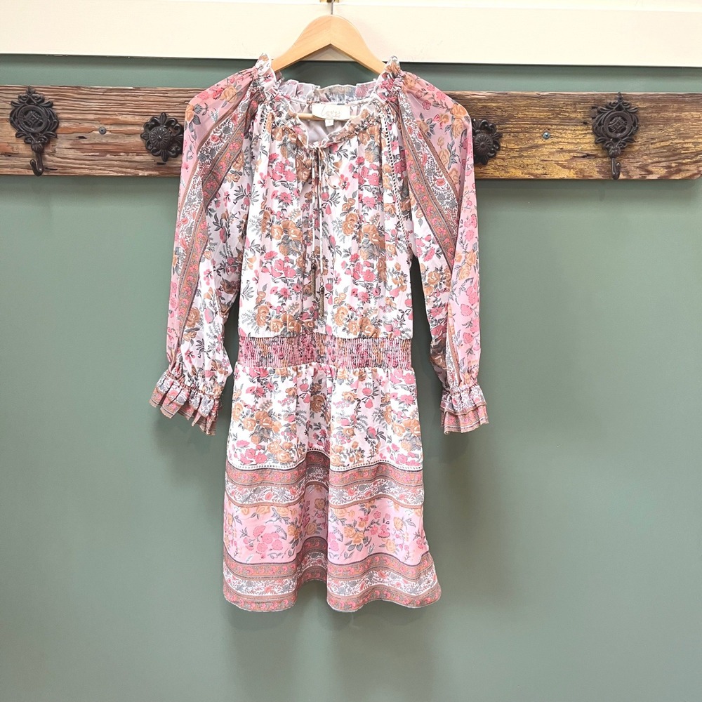 Love the Label Floral Smocked Mini Euphoria Dress Pink Boho Ruffle Tassel S